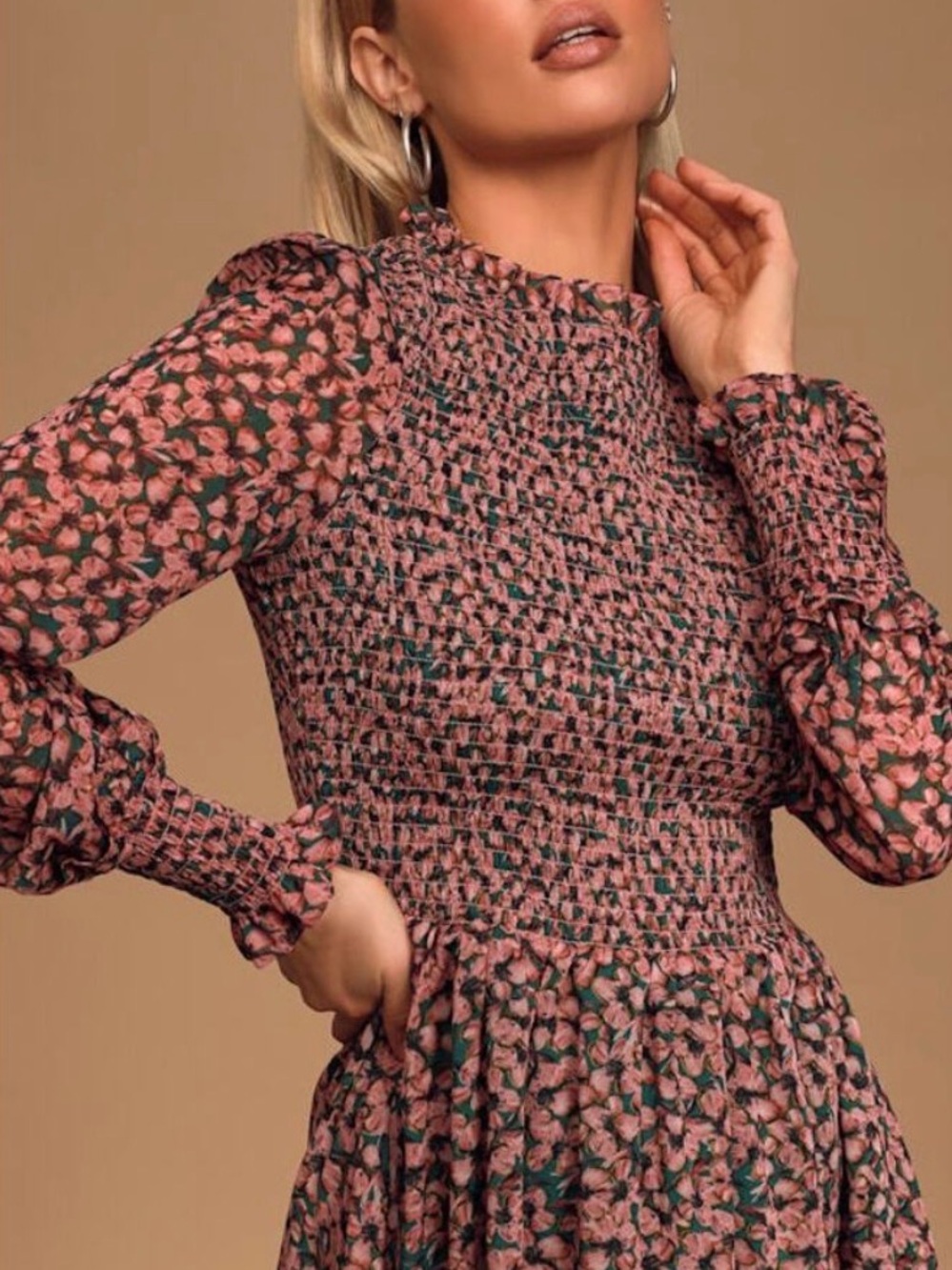 Lulu's Emerald Green and Pink Floral Dress, M - Picture 2 of 16